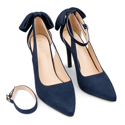COLETER Womens Bow Knot High Heels Pointed Toe Stiletto Ankle Strap D'Orsay Pumps Bow Evening Dress Shoes Suede Navy Blue 9.5US - Image 5