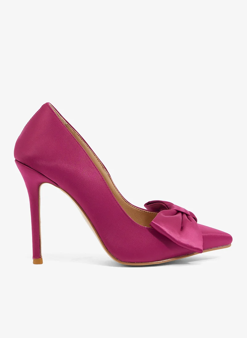 ELLA Purple satin pump with large bow, pointed toe, stiletto heel