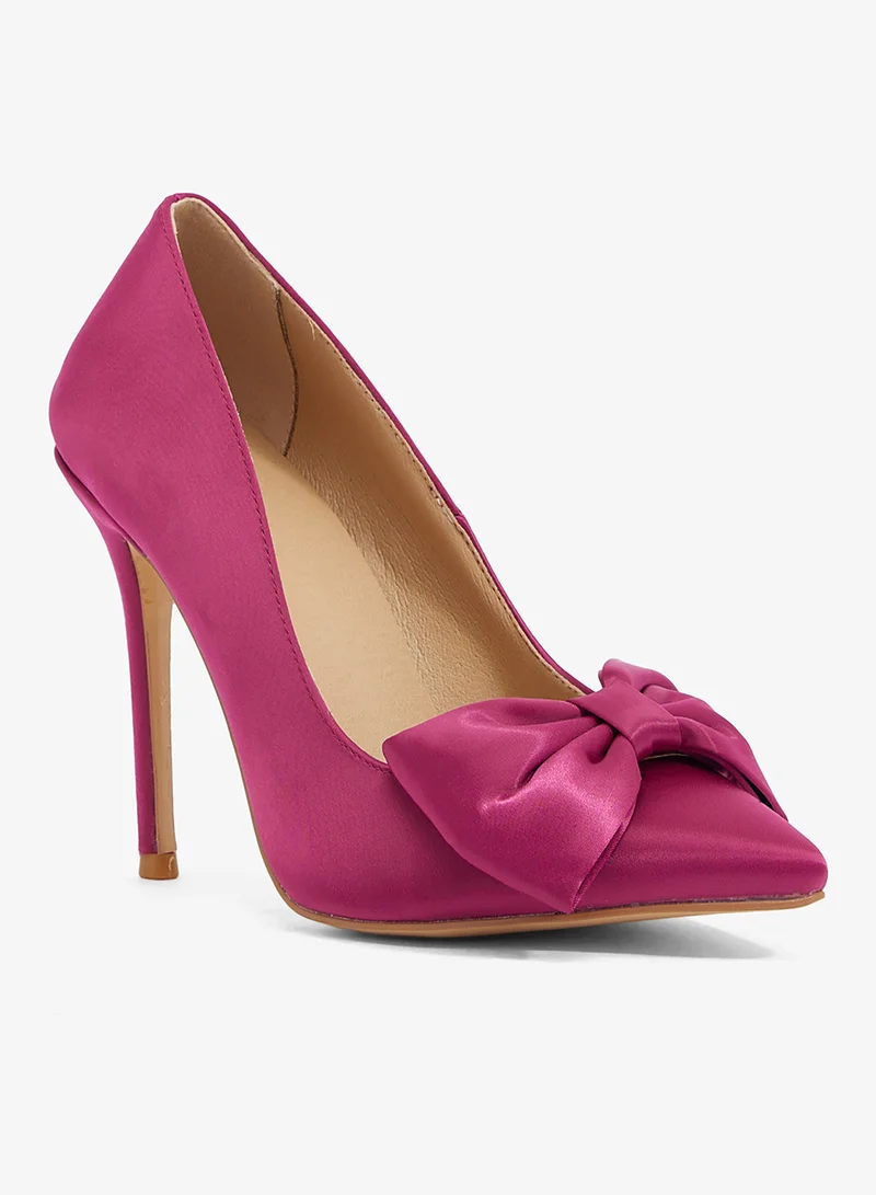 ELLA Purple satin pump with large bow, pointed toe, stiletto heel