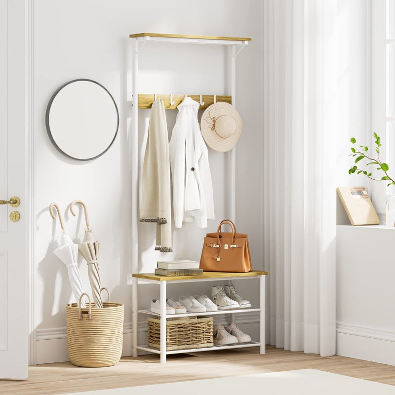 AEPOALUA Hall Tree with Bench and Shoe Storage, 3-in-1 Coat Rack Shoe Bench, Freestanding Wooden Coat Rack with Metal Frame, 3-Tier Storage Shelf and 5 Removable Hooks, White - Image 1