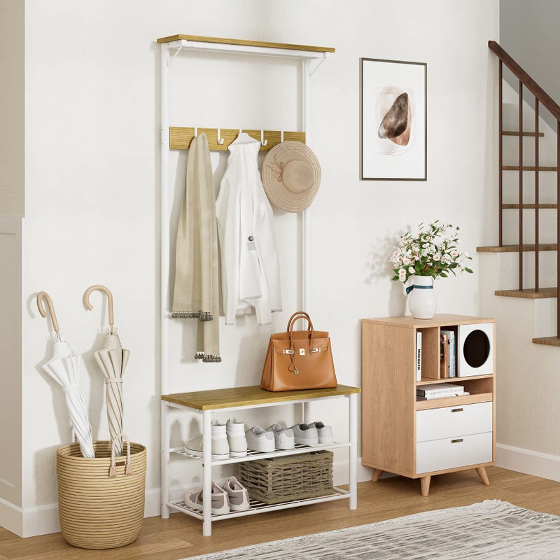 AEPOALUA Hall Tree with Bench and Shoe Storage, 3-in-1 Coat Rack Shoe Bench, Freestanding Wooden Coat Rack with Metal Frame, 3-Tier Storage Shelf and 5 Removable Hooks, White - Image 4