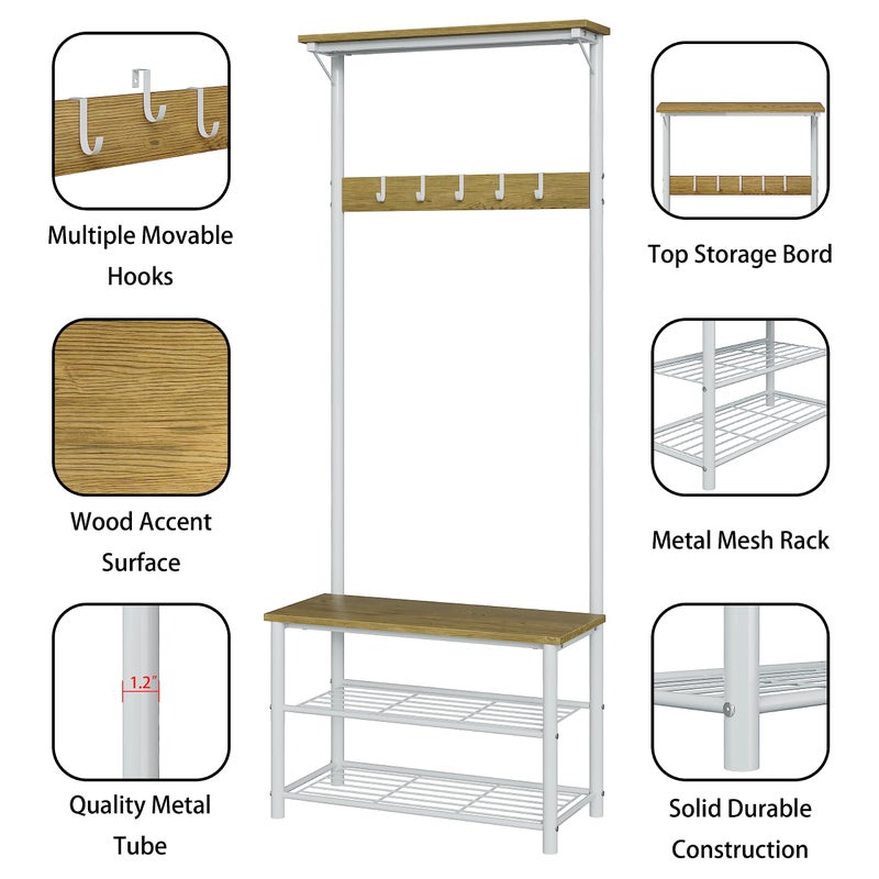 AEPOALUA Hall Tree with Bench and Shoe Storage, 3-in-1 Coat Rack Shoe Bench, Freestanding Wooden Coat Rack with Metal Frame, 3-Tier Storage Shelf and 5 Removable Hooks, White - Image 5