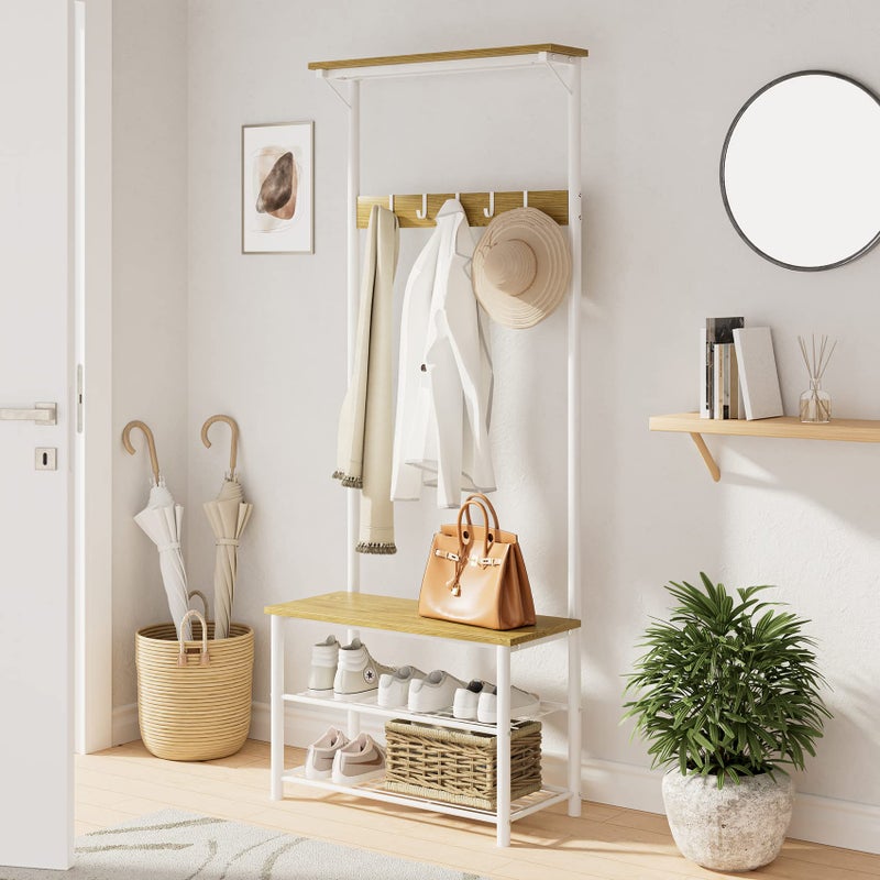 AEPOALUA Hall Tree with Bench and Shoe Storage, 3-in-1 Coat Rack Shoe Bench, Freestanding Wooden Coat Rack with Metal Frame, 3-Tier Storage Shelf and 5 Removable Hooks, White - Image 3