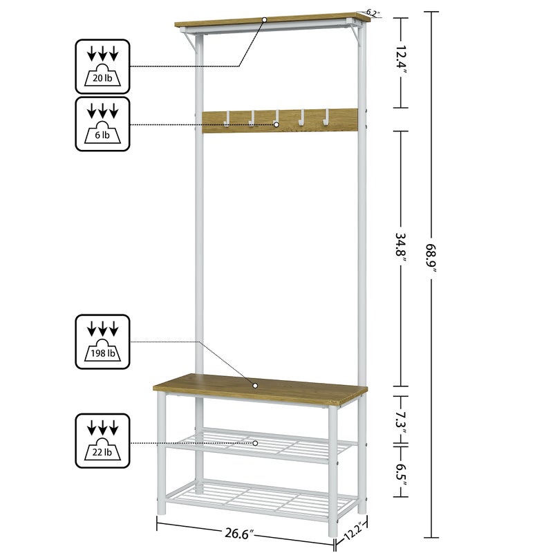 AEPOALUA Hall Tree with Bench and Shoe Storage, 3-in-1 Coat Rack Shoe Bench, Freestanding Wooden Coat Rack with Metal Frame, 3-Tier Storage Shelf and 5 Removable Hooks, White - Image 2