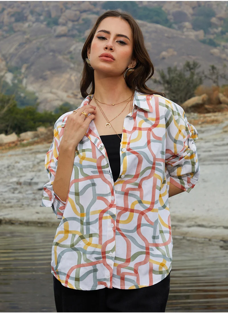كامبوس سوترا Women's Brick Red & Olive Green Flowing Vines Shirt