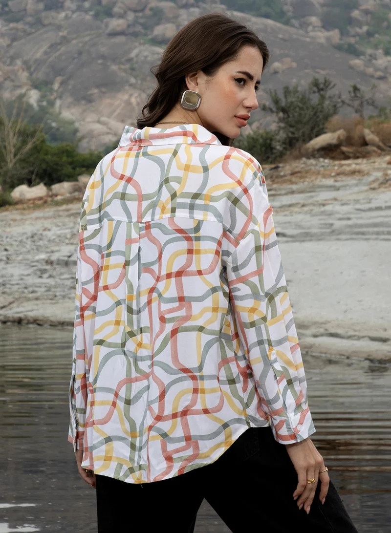 كامبوس سوترا Women's Brick Red & Olive Green Flowing Vines Shirt