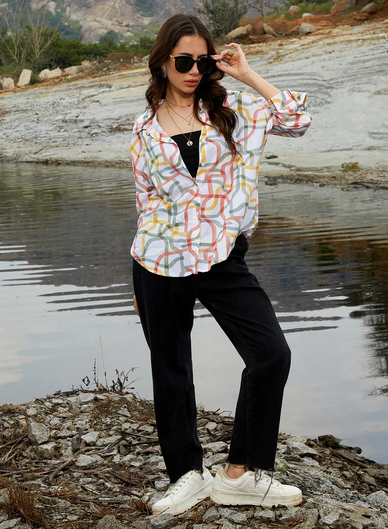 كامبوس سوترا Women's Brick Red & Olive Green Flowing Vines Shirt