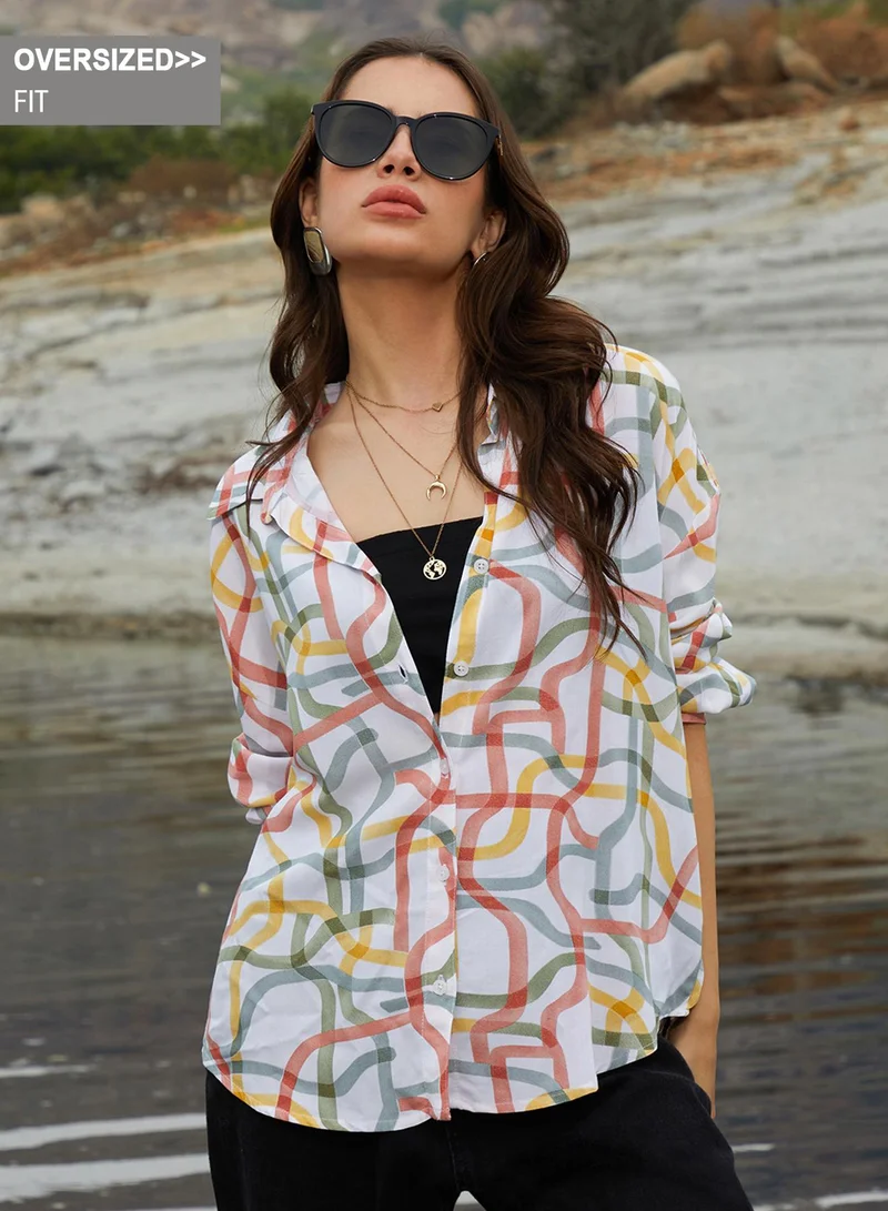 Campus Sutra Campus Sutra Women's Brick Red & Olive Green Flowing Vines Shirt For Casual Wear | Spread Collar | Long Sleeve | Button Closure | Oversized Shirt Crafted With Comfort Fit For Everyday Wear