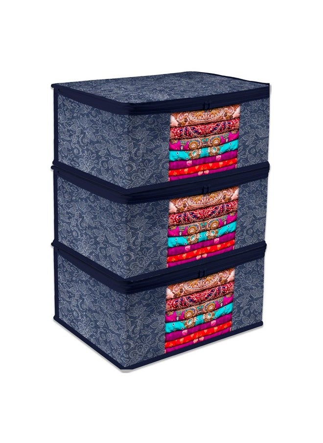 Kuber Industries Kuber Industries Saree Storage Bag | Clothes Storage Bag | Wardrobe Storage Bag | Cloth Storage Organizer | Visible Window Saree Bag | Flower Printed | 9 Inch | Pack of 3 | Navy Blue  - Image 1