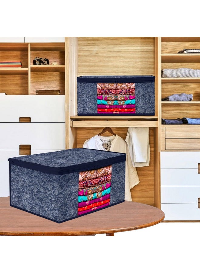 Kuber Industries Kuber Industries Saree Storage Bag | Clothes Storage Bag | Wardrobe Storage Bag | Cloth Storage Organizer | Visible Window Saree Bag | Flower Printed | 9 Inch | Pack of 3 | Navy Blue  - Image 4