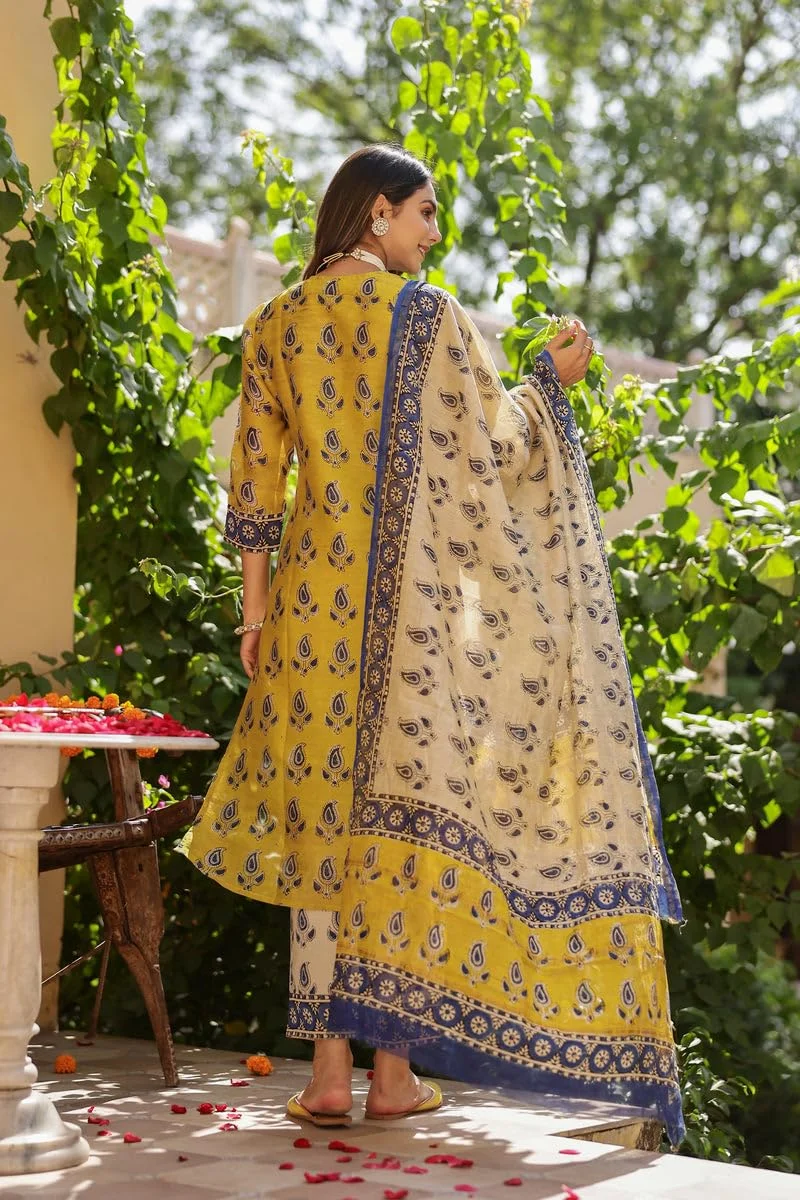 GoSriKi Women's Cotton Blend Straight Printed Kurta with Pant & Dupatta (Uchiha Mustard-GS_L_Mustard_Large)