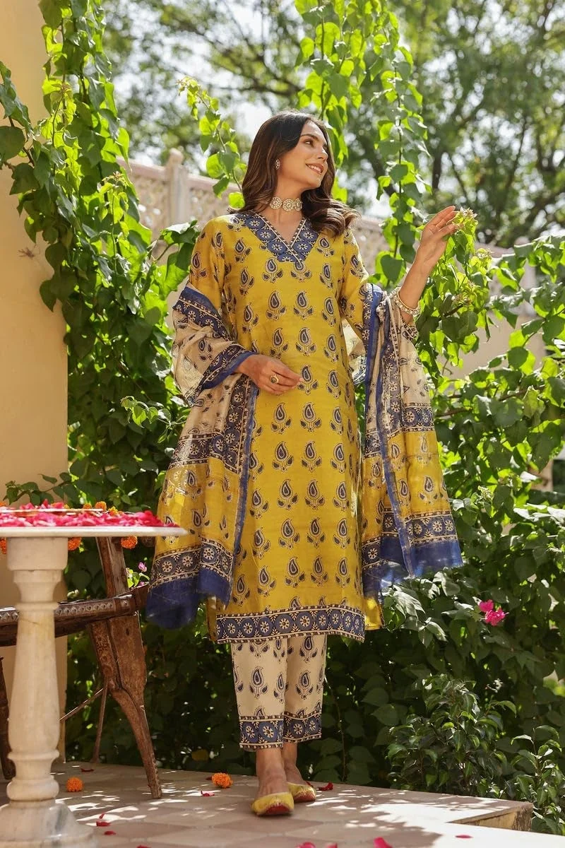 GoSriKi Women's Cotton Blend Straight Printed Kurta with Pant & Dupatta (Uchiha Mustard-GS_L_Mustard_Large)