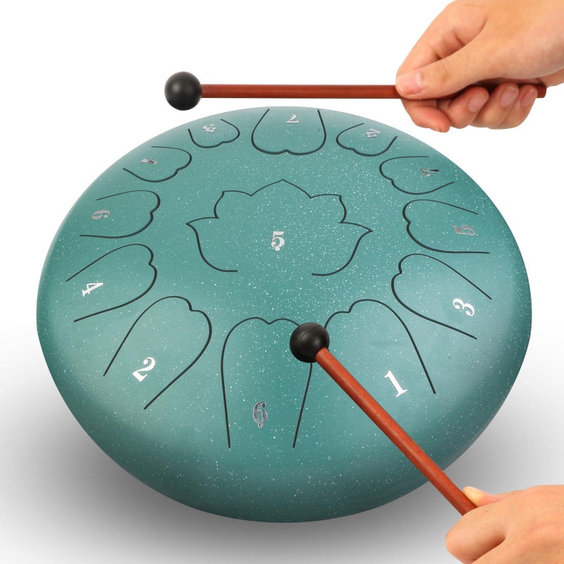Wetpuorek Steel Tongue Drum - 12-Inch 13-Notes Tongue Drum, C Major Outdoor Rain Drum with Music Book, Handpan Drums Mallets and Carry Bag (Green) - Image 4