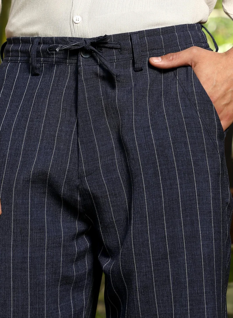 Campus Sutra  Men's Charcoal Black Pinstripe-Pleated Chino Trousers For Casual Wear | Mid-Rise | Straight Fit | Hook & Zip Closure | Trousers Crafted With Comfort Fit For Everyday Wear for Men | Best Price UAE