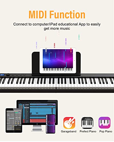 KONIX Foldable Piano Keyboard, 88 Key Full Size Semi Weighted Folding Piano Keyboard, Bluetooth Portable Electronic Keyboard Piano with Sheet Music Stand, Sustain Pedal and Piano Bag, Black - Image 4
