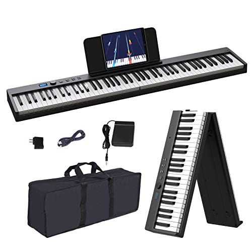 KONIX Foldable Piano Keyboard, 88 Key Full Size Semi Weighted Folding Piano Keyboard, Bluetooth Portable Electronic Keyboard Piano with Sheet Music Stand, Sustain Pedal and Piano Bag, Black - Image 1