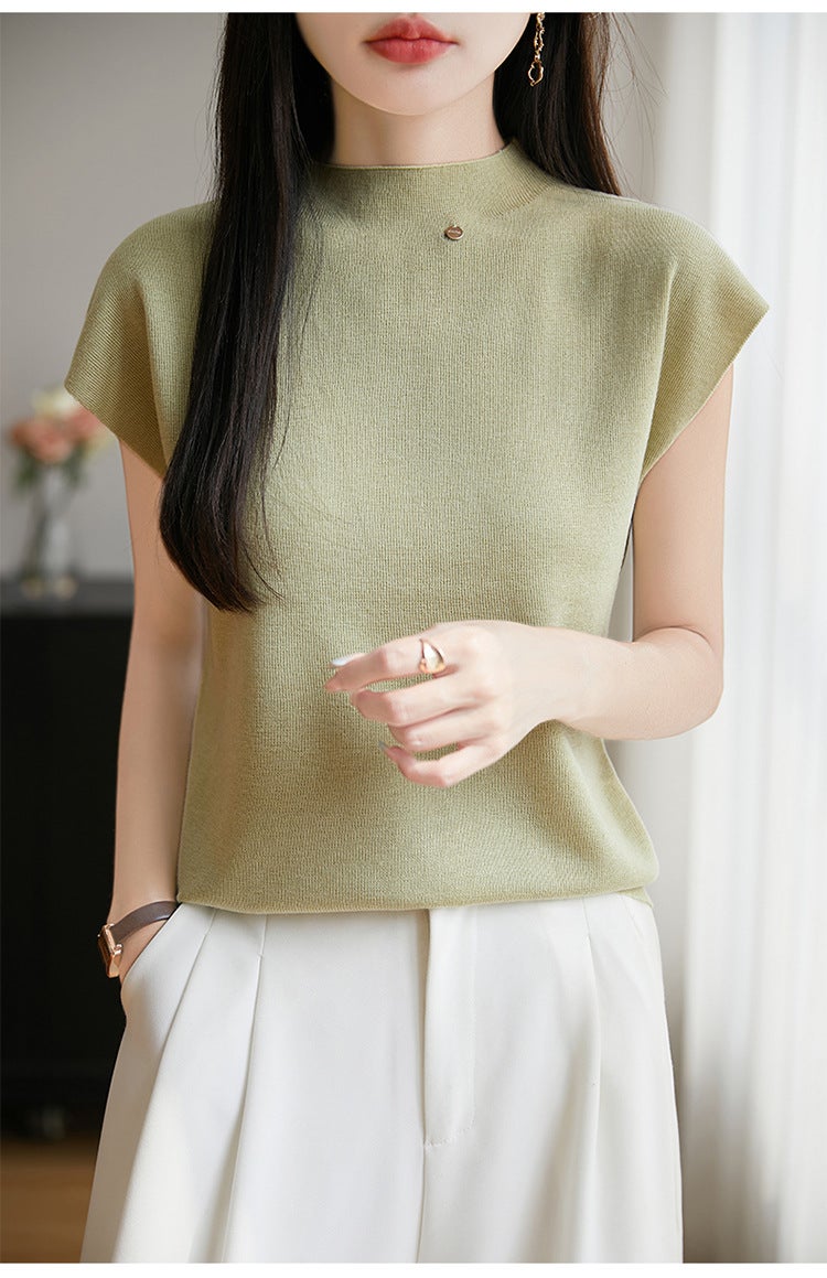 Summer Worsted Wool Flying Sleeve Self-Led Knitted Short-Sleeved T-Shirt Women'S Solid Color Sleeveless Top Base Half-High Collar - Image 1