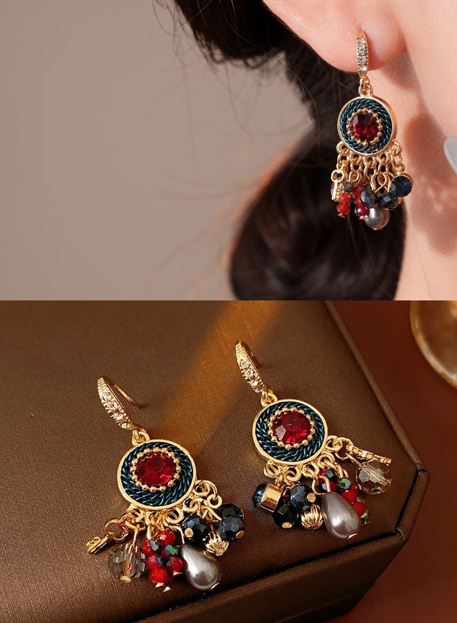 حلق معلق دبلوم بالجرم المحاكٍ الأحمر والأزرق مطلي بالذهب للنساء، حلق إثني باللؤلؤ المحاكٍ والكريستال اصطناعي، مجوهرات فخامة للحفلات والزواج - Image 1