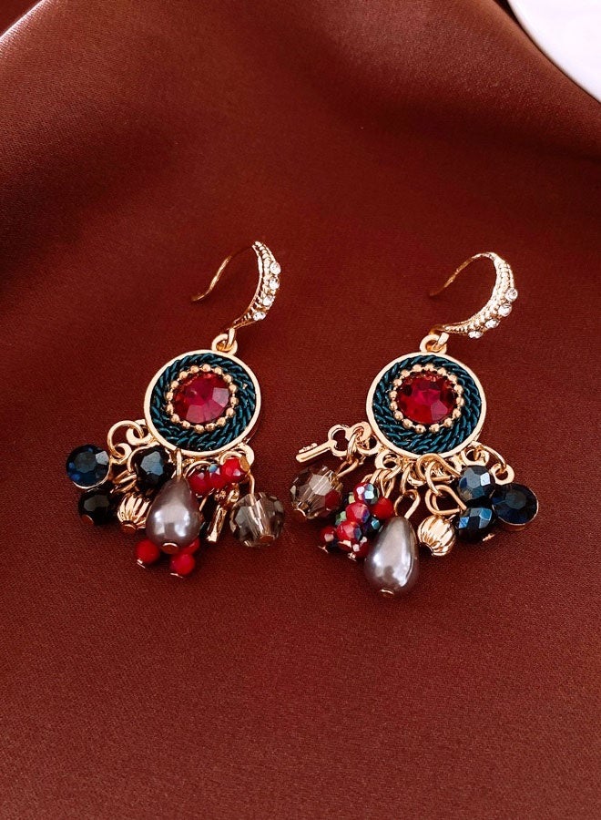 حلق معلق دبلوم بالجرم المحاكٍ الأحمر والأزرق مطلي بالذهب للنساء، حلق إثني باللؤلؤ المحاكٍ والكريستال اصطناعي، مجوهرات فخامة للحفلات والزواج - Image 5