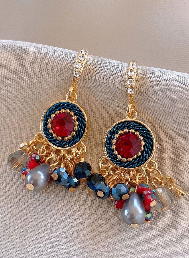 حلق معلق دبلوم بالجرم المحاكٍ الأحمر والأزرق مطلي بالذهب للنساء، حلق إثني باللؤلؤ المحاكٍ والكريستال اصطناعي، مجوهرات فخامة للحفلات والزواج - Image 2