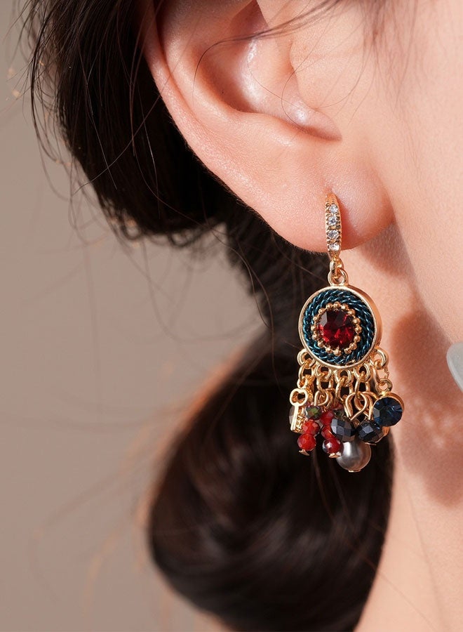 حلق معلق دبلوم بالجرم المحاكٍ الأحمر والأزرق مطلي بالذهب للنساء، حلق إثني باللؤلؤ المحاكٍ والكريستال اصطناعي، مجوهرات فخامة للحفلات والزواج - Image 4