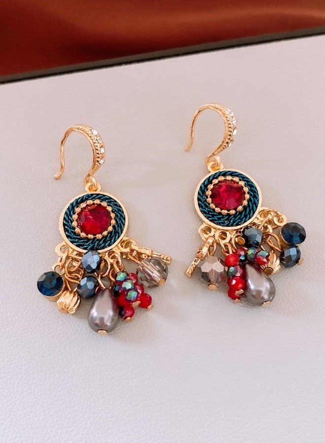 حلق معلق دبلوم بالجرم المحاكٍ الأحمر والأزرق مطلي بالذهب للنساء، حلق إثني باللؤلؤ المحاكٍ والكريستال اصطناعي، مجوهرات فخامة للحفلات والزواج - Image 3