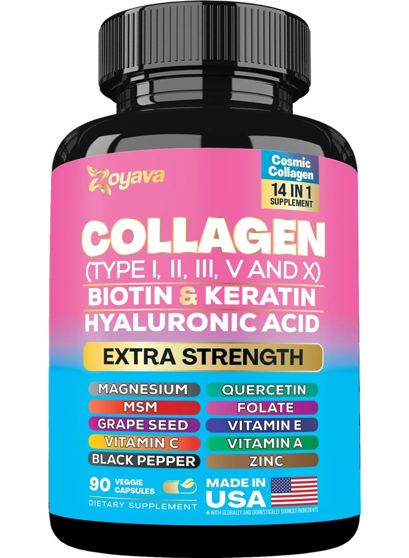 Zoyava Collagen Pills Peptides Types I, II, III, V & X MCG Biotin Keratin Hyaluronic Acid MSM Vitamin A Vitamin C Vitamin E Folic Acid Zinc Magnesium with Grape Seed Extract, Quercetin 90 Caps - Image 1