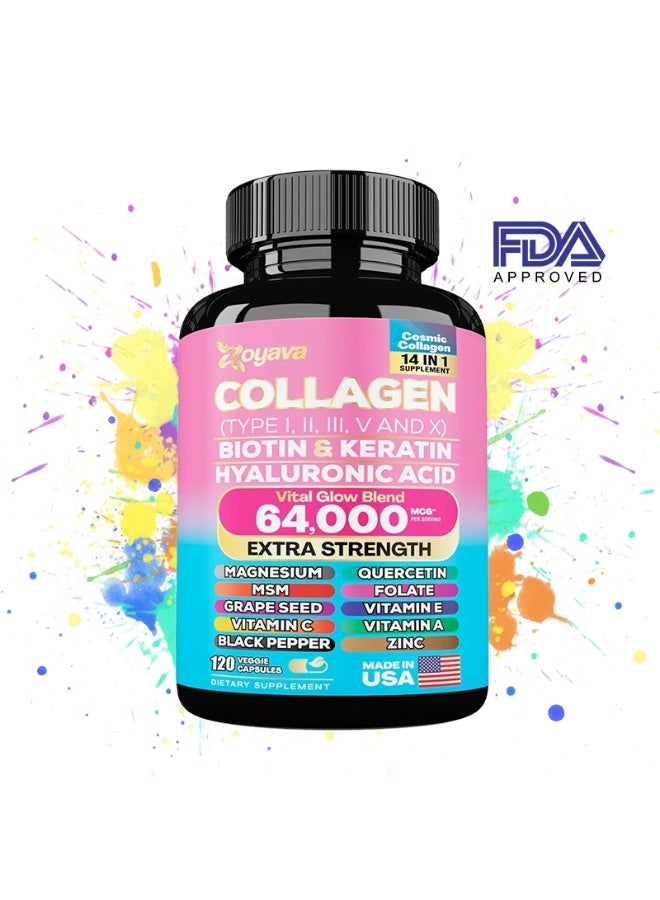 Zoyava Collagen Pills Peptides Types I, II, III, V & X MCG Biotin Keratin Hyaluronic Acid MSM Vitamin A Vitamin C Vitamin E Folic Acid Zinc Magnesium with Grape Seed Extract, Quercetin 90 Caps - Image 2