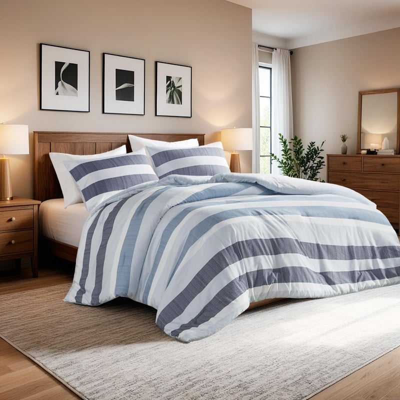 Regency Heights Full/Queen Size Comforter Set Navy Blue - 3 Pieces Modern Striped Quilt Bedding All Season Soft Lightweight Reversible Bed Set with Comforter & Shams - Image 1