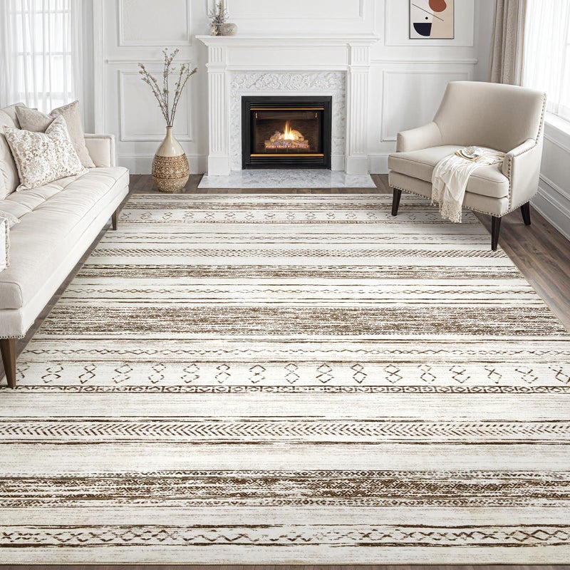Tortania Area Rug Living Room Rugs - 8x10 Washable Large Soft Neutral Boho Moroccan Bohemian Farmhouse Rug Indoor Floor Carpet for Bedroom Under Dining Table Home Office Decor - Cream Brown - Image 1