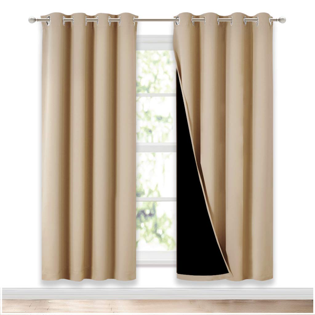 NICETOWN Living Room Completely Shaded Draperies Privacy Protection Noise Reducing Ring Top Drapes Black Lined Insulated Window Treatment Curtain PanelsBiscotti Beige 2 Pieces W52 x L72