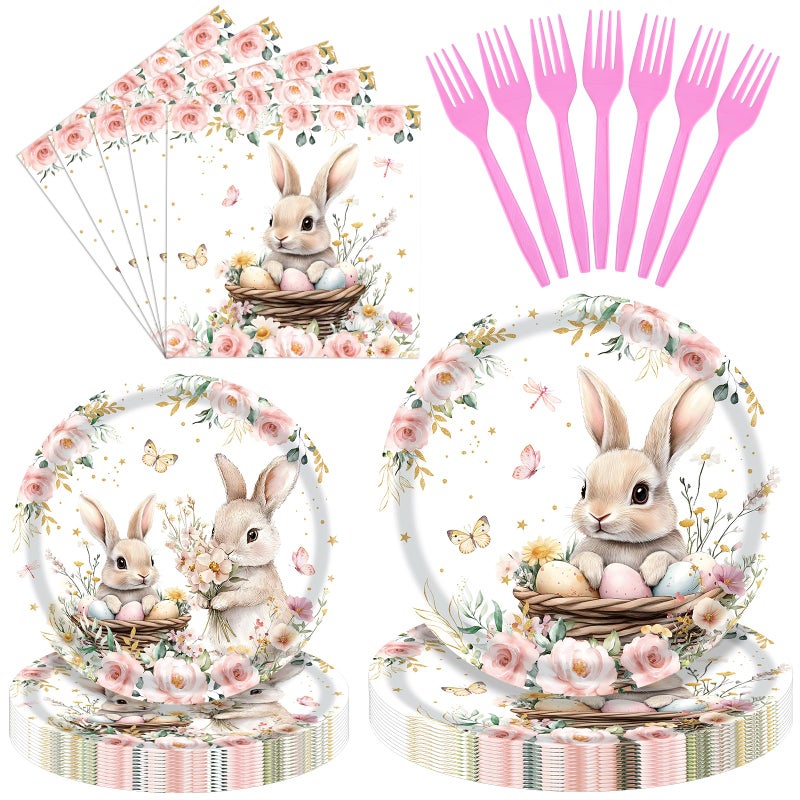 SpinLaLa 96 Pieces Easter Tableware Set â€“ Bunny Nest Floral Disposable Plates, Napkins, and Forks with Spring Flowers and Pastel Designs for Easter Dinners, Baby Showers, and Spring Parties â€“ Serves 24 - Image 1