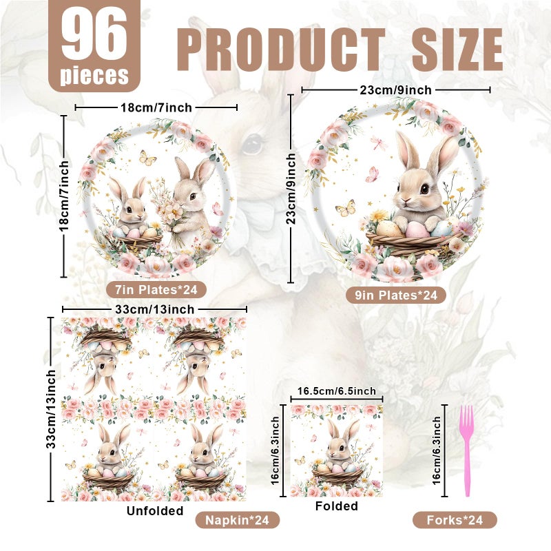 SpinLaLa 96 Pieces Easter Tableware Set â€“ Bunny Nest Floral Disposable Plates, Napkins, and Forks with Spring Flowers and Pastel Designs for Easter Dinners, Baby Showers, and Spring Parties â€“ Serves 24 - Image 2