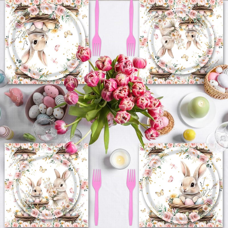 SpinLaLa 96 Pieces Easter Tableware Set â€“ Bunny Nest Floral Disposable Plates, Napkins, and Forks with Spring Flowers and Pastel Designs for Easter Dinners, Baby Showers, and Spring Parties â€“ Serves 24 - Image 4