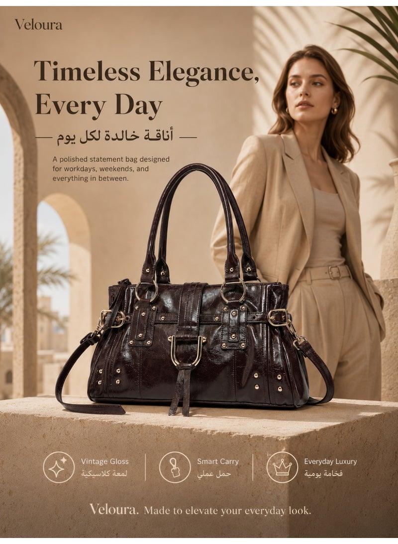 حقيبة ساتشل نسائية من Veloura بتصميم كلاسيكي من جلد PU المغسول اللامع مع مقابض علوية وحزام كتف قابل للفصل، بني داكن - Image 1
