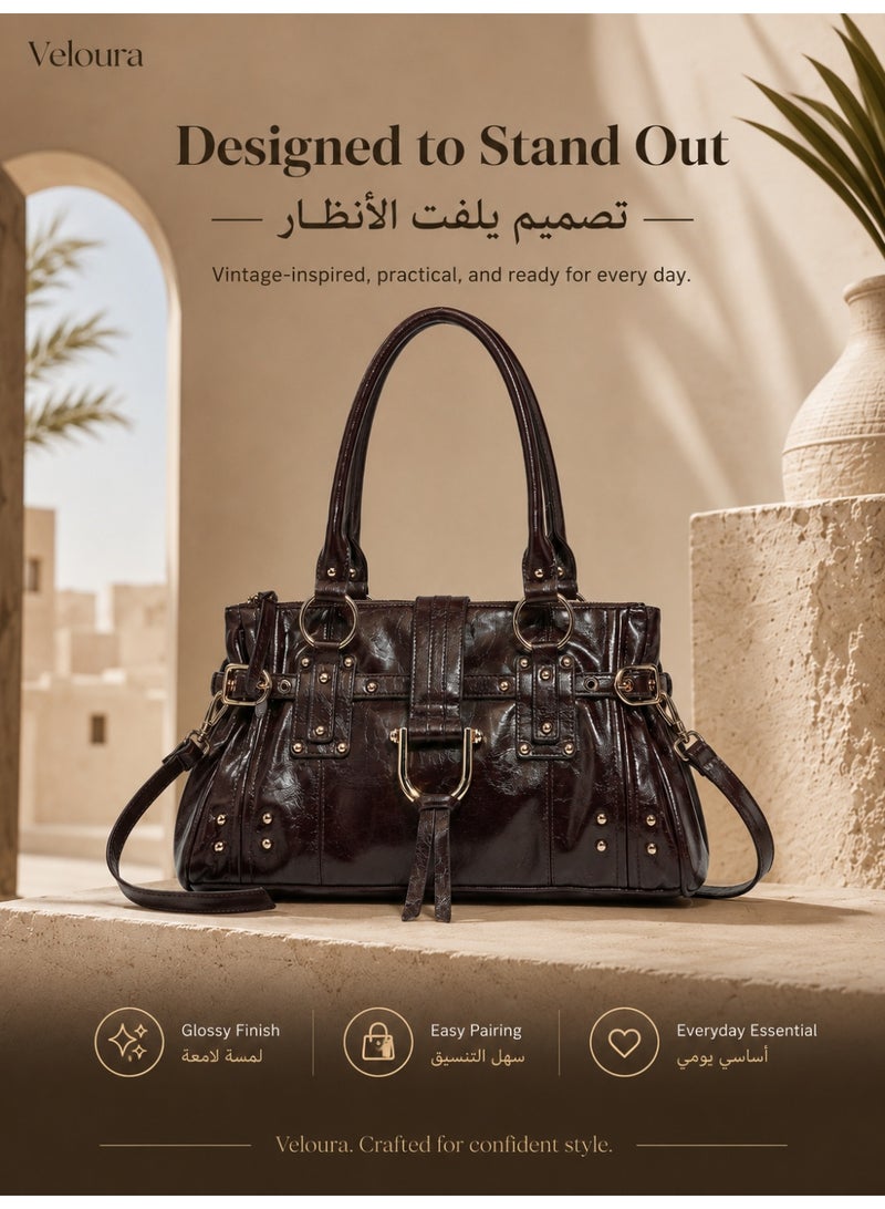 حقيبة ساتشل نسائية من Veloura بتصميم كلاسيكي من جلد PU المغسول اللامع مع مقابض علوية وحزام كتف قابل للفصل، بني داكن - Image 5