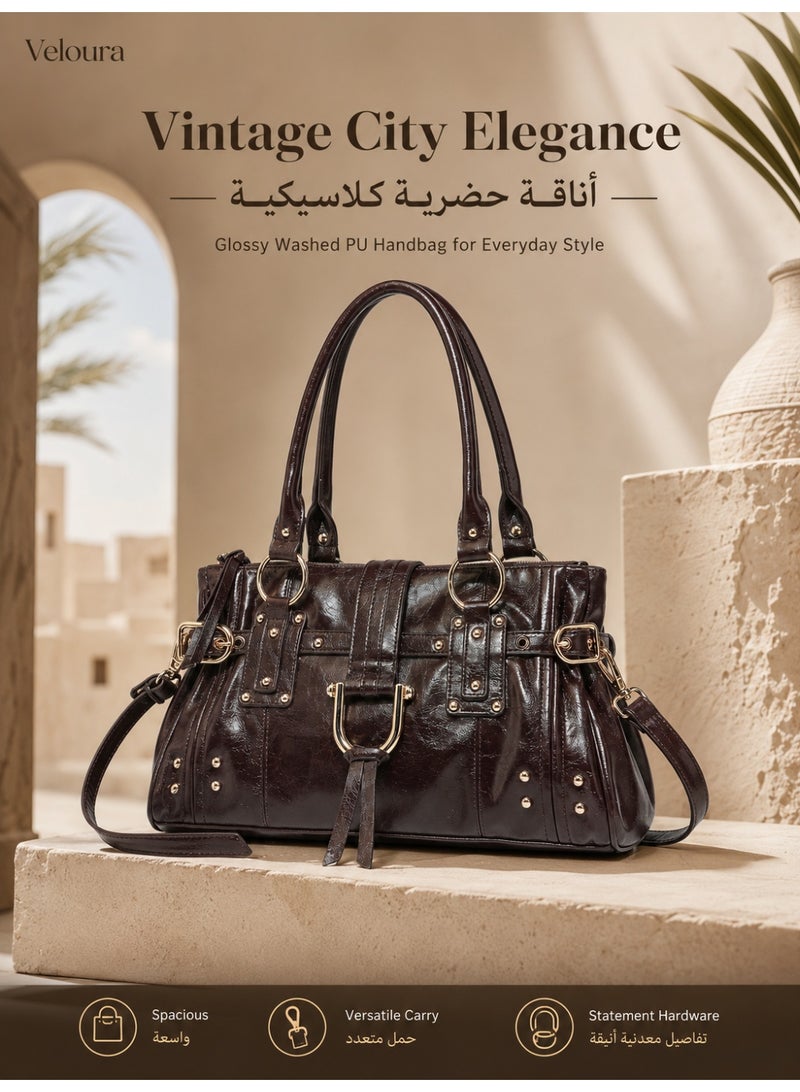 حقيبة ساتشل نسائية من Veloura بتصميم كلاسيكي من جلد PU المغسول اللامع مع مقابض علوية وحزام كتف قابل للفصل، بني داكن - Image 2