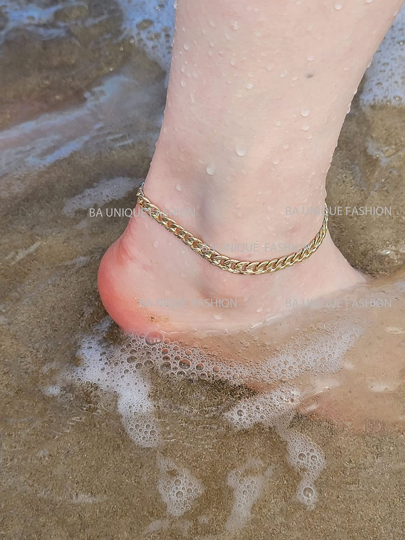 Fashion 21 Anklet for Women Electro Gold Plated Ankle Bracelet - Made in Korea (5.2mm 10" Concave Cuban) - Image 3