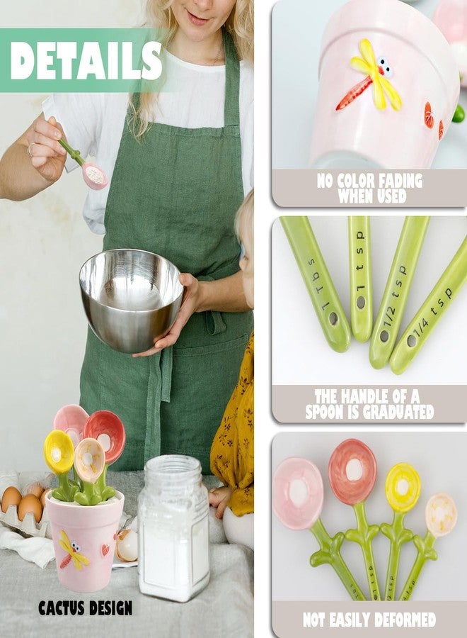 DOERDO DD DOERDO Ceramic Measuring Spoons with Holder, Flower Measure Scoops for Salt Sugar, Potted Shape Spoon Set, Kitchen Measuring Ceramic Tools - Image 3