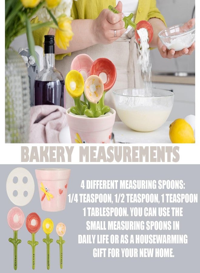 DOERDO DD DOERDO Ceramic Measuring Spoons with Holder, Flower Measure Scoops for Salt Sugar, Potted Shape Spoon Set, Kitchen Measuring Ceramic Tools - Image 4