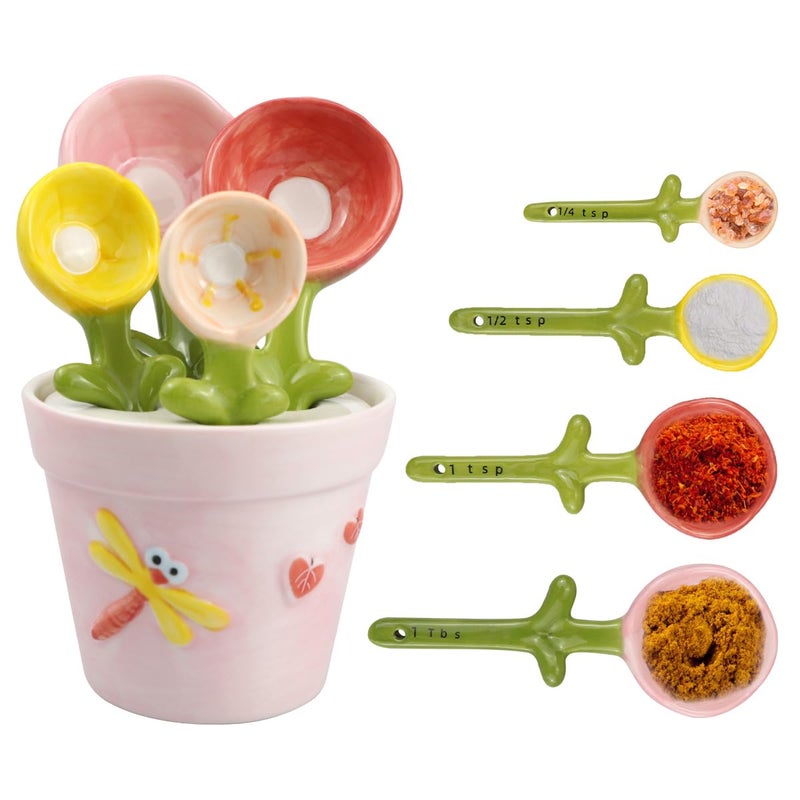 DOERDO DD DOERDO Ceramic Measuring Spoons with Holder, Flower Measure Scoops for Salt Sugar, Potted Shape Spoon Set, Kitchen Measuring Ceramic Tools - Image 1