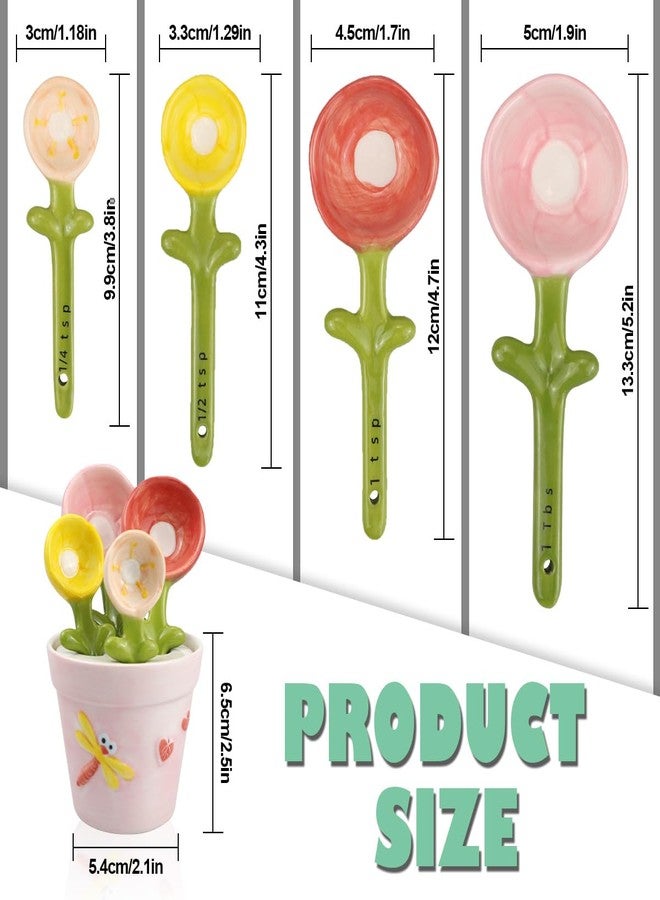 DOERDO DD DOERDO Ceramic Measuring Spoons with Holder, Flower Measure Scoops for Salt Sugar, Potted Shape Spoon Set, Kitchen Measuring Ceramic Tools - Image 2
