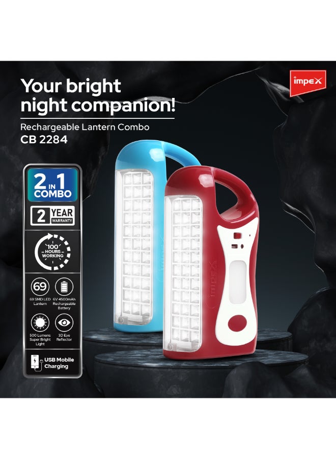 Impex 2-Piece LED Rechargeable Lantern Combo (2 Pcs) – High-Brightness Emergency Light with 33 SMD LED Front Light & 18+18 Side LEDs, 4500mAh Battery, 100H Runtime, Overcharge Protection', Portable Camping Lantern - CB 2284 Multicolour - Image 2