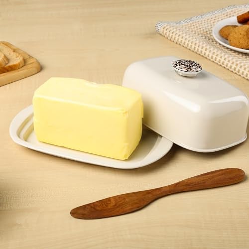 Dudki Stainless Steel Butter Container Dish Storage Box Organizer with Ceramic Knob Design, (500 Gram) (Beige) - Image 3