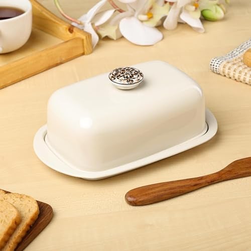 Dudki Stainless Steel Butter Container Dish Storage Box Organizer with Ceramic Knob Design, (500 Gram) (Beige) - Image 1
