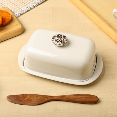 Dudki Stainless Steel Butter Container Dish Storage Box Organizer with Ceramic Knob Design, (500 Gram) (Beige) - Image 2