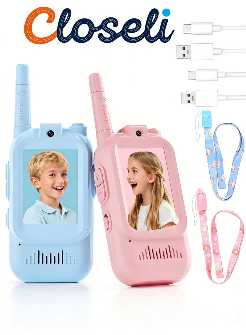 كلوزيلي عبوة من قطعتين من ألعاب الصوت للأطفال، أجهزة تحكم عن بعد لاسلكية، لعبة تواصل، أجهزة راديو قابلة لإعادة الشحن للأعمار من 3 إلى 12 سنة، مغير صوت ومحادثة فيديو فورية، هدايا بعيدة المدى للأولاد والبنات (أزرق ووردي) - Image 1