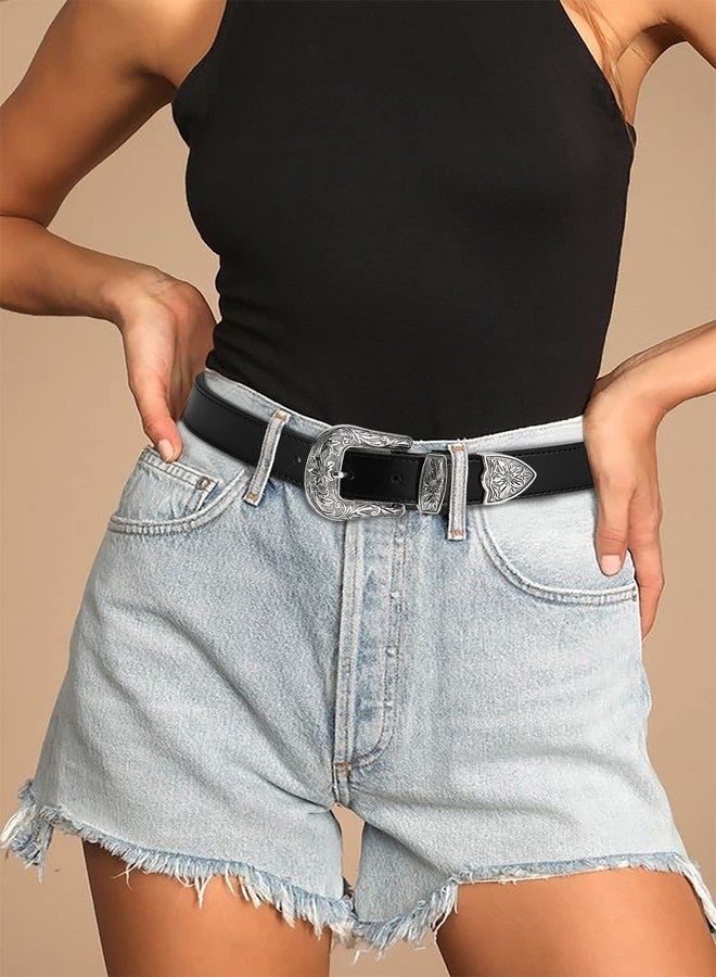 تشاورين حزام أسود نسائي من تشاورين - 1.1 بوصة، حزام غربي نسائي، حزام جلدي، حزام رعاة البقر - أحزمة ريفية نسائية بإبزيم عتيق للجينز - Image 2