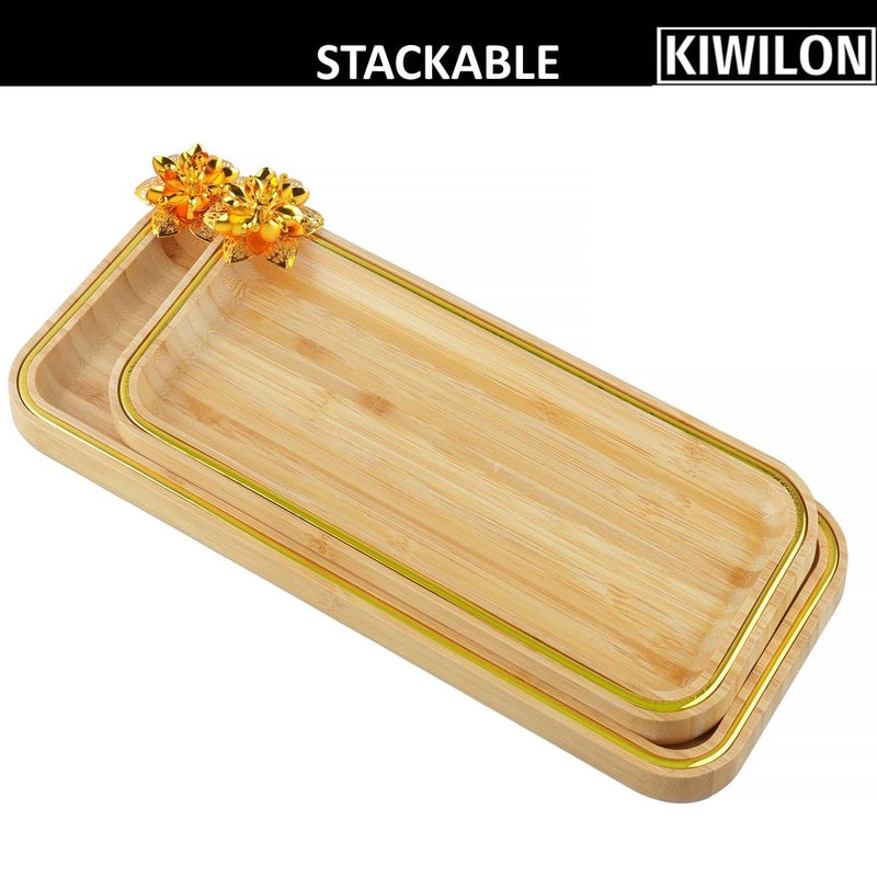 Kiwilon Bamboo Serving Tray Set of 2 with Golden Border and Flower Metal ArtI Wooden Starters Serving Tray to Serve Food, Sushi, Fruits, Pastry, Cupcake, Dryfruits Plattter (1 X Big, 1 X Small) - Image 5