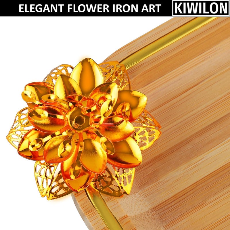 Kiwilon Bamboo Serving Tray Set of 2 with Golden Border and Flower Metal ArtI Wooden Starters Serving Tray to Serve Food, Sushi, Fruits, Pastry, Cupcake, Dryfruits Plattter (1 X Big, 1 X Small) - Image 3